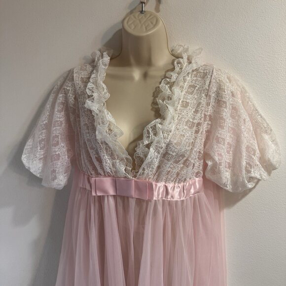 Vtg 50s 60s Nightgown Robe Set M Slip Chiffon Lace Satin Peignor Pink Lingerie - Picture 9 of 13